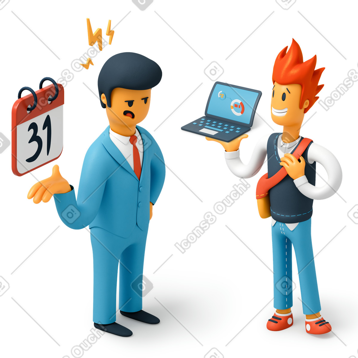 Boss hurrying employee to finish project work faster illustration in 3D Flame style download in PNG, SVG