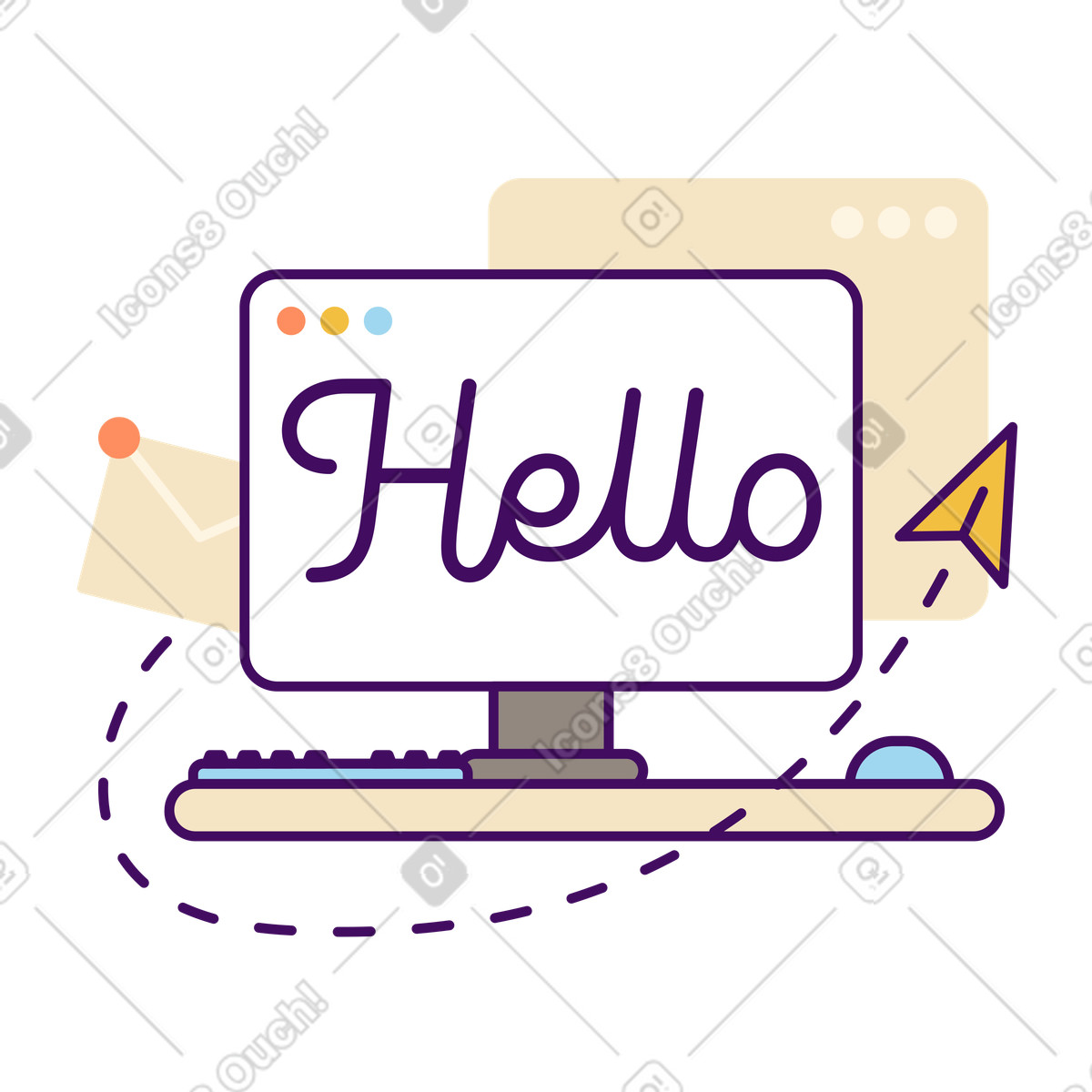 下载 Simplistic 风格的 Computer monitor with Hello greeting, Digital communication or friendly onboarding 插画，支持 PNG、SVG 格式