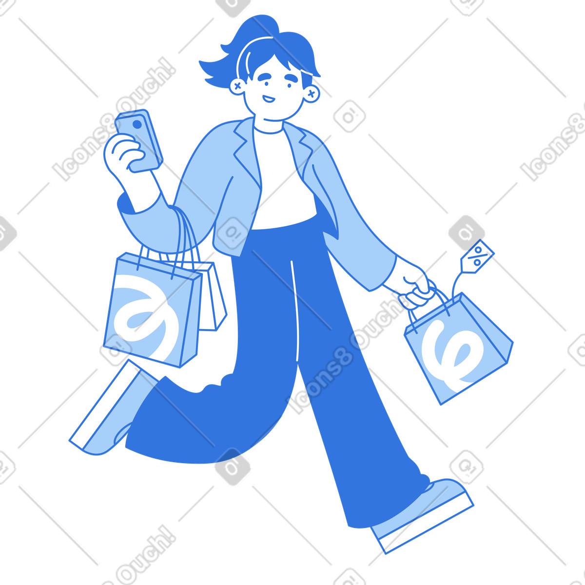 Ilustração de Jovem correndo alegremente com as sacolas compras em no estilo Sky para baixar em PNG, SVG