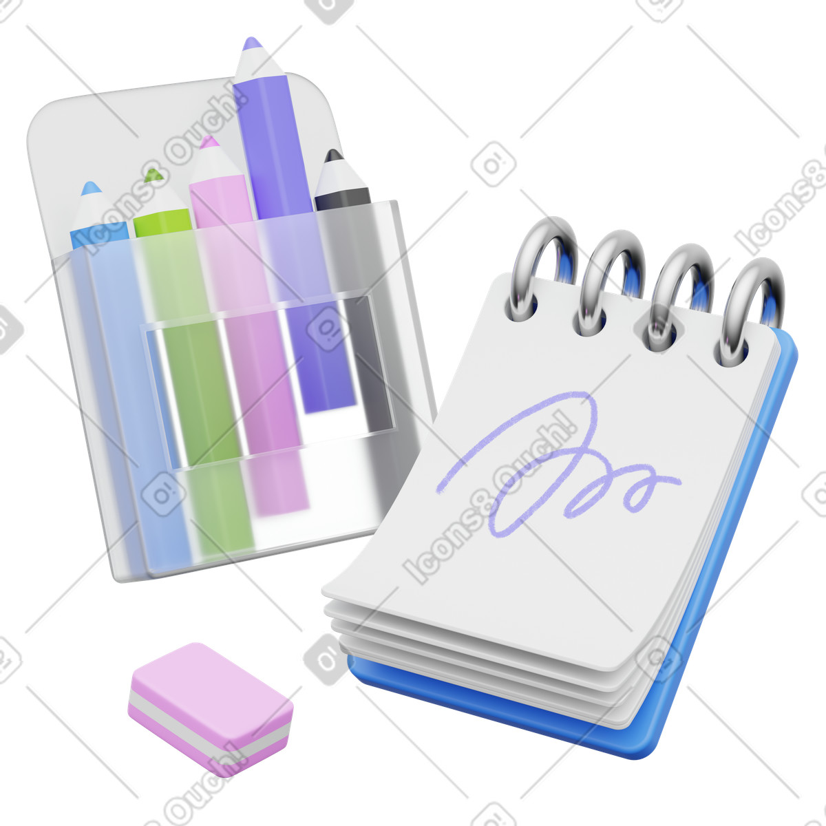Ilustração de Notebook with colorful pencils and eraser for creative sketching em no estilo 3D Playful para baixar em PNG, SVG