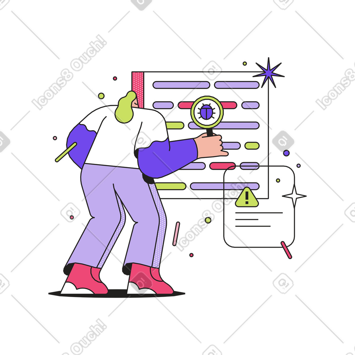 Engineer searching for bugs in code window, Quality assurance workflow illustration Dazzle style download PNG, SVG