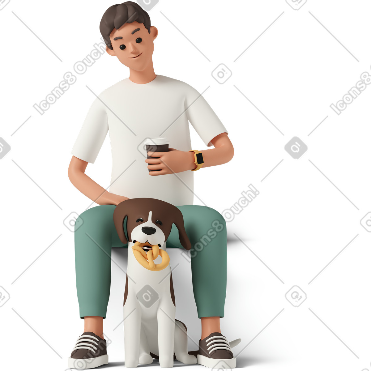 3D Casual life 스타일의 Man sitting with dog and cup of coffee 일러스트레이션 PNG, SVG 다운로드