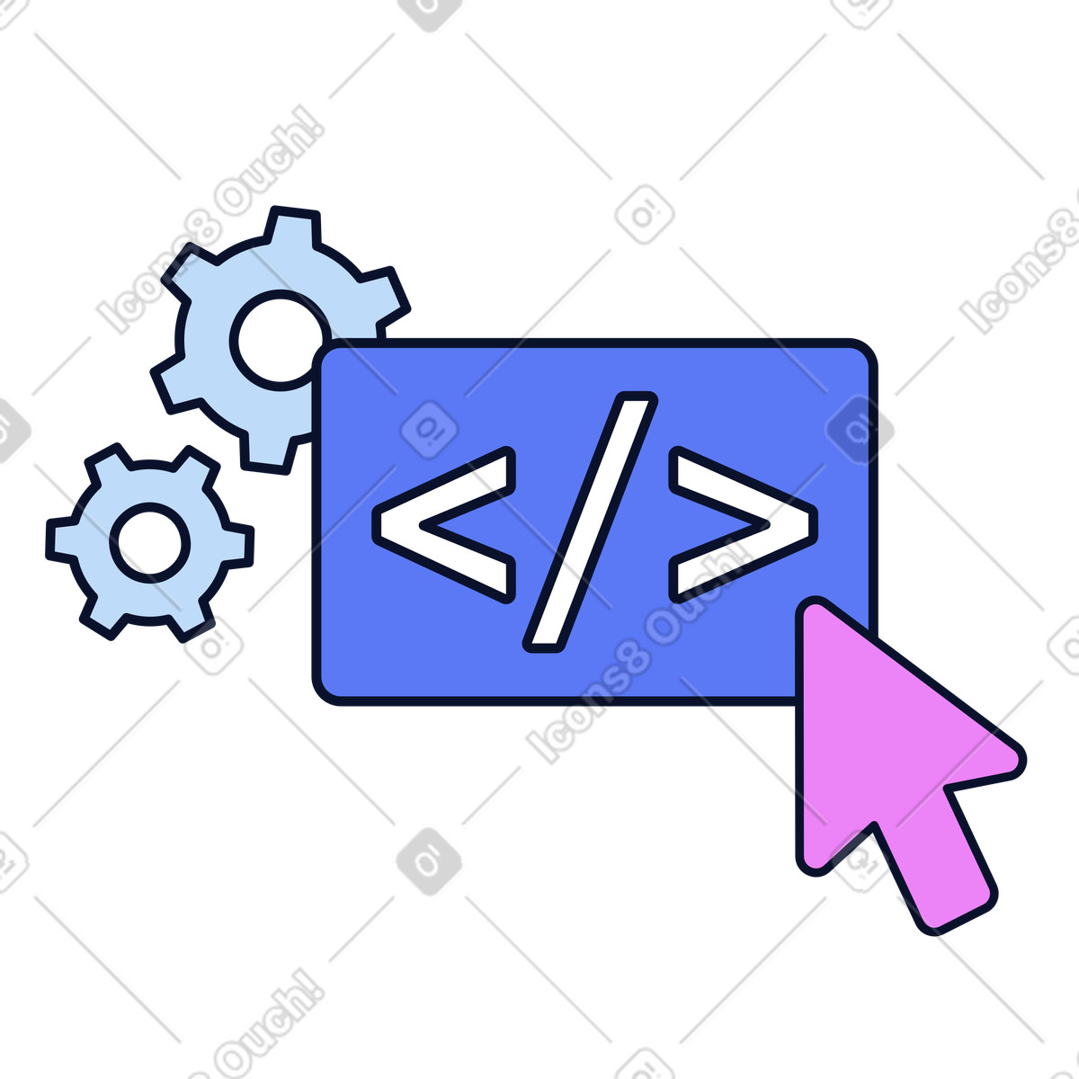 Programming and code writing with angle brackets, Software engineering workflow illustration in Flexy style download in PNG, SVG
