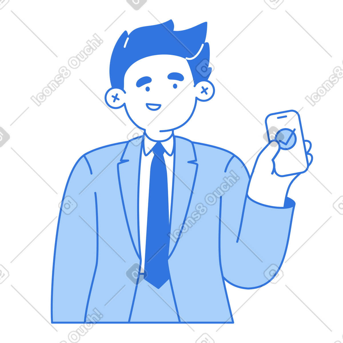 Office worker showing confirmed status on smartphone, verified account or approval illustration in Sky style download in PNG, SVG