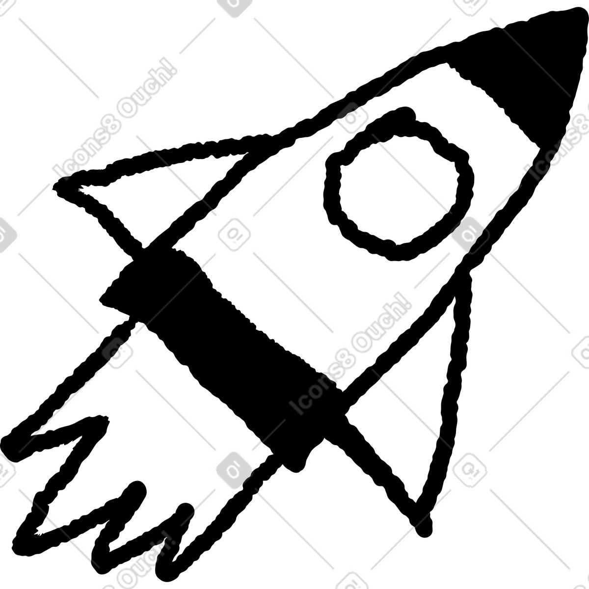 Rocket doodle with circular window and stylized flame trail-Illustration im Black Chalk-Stil als Download in PNG, SVG