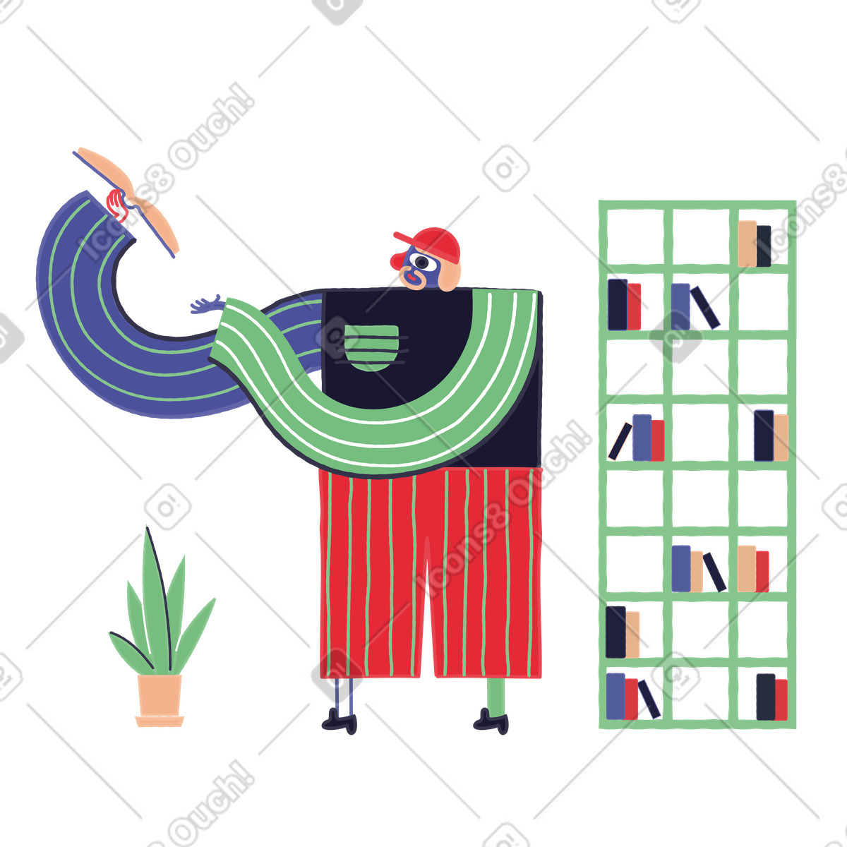 下载 Stripy 风格的 男人在图书馆看书 插画，支持 PNG、SVG 格式