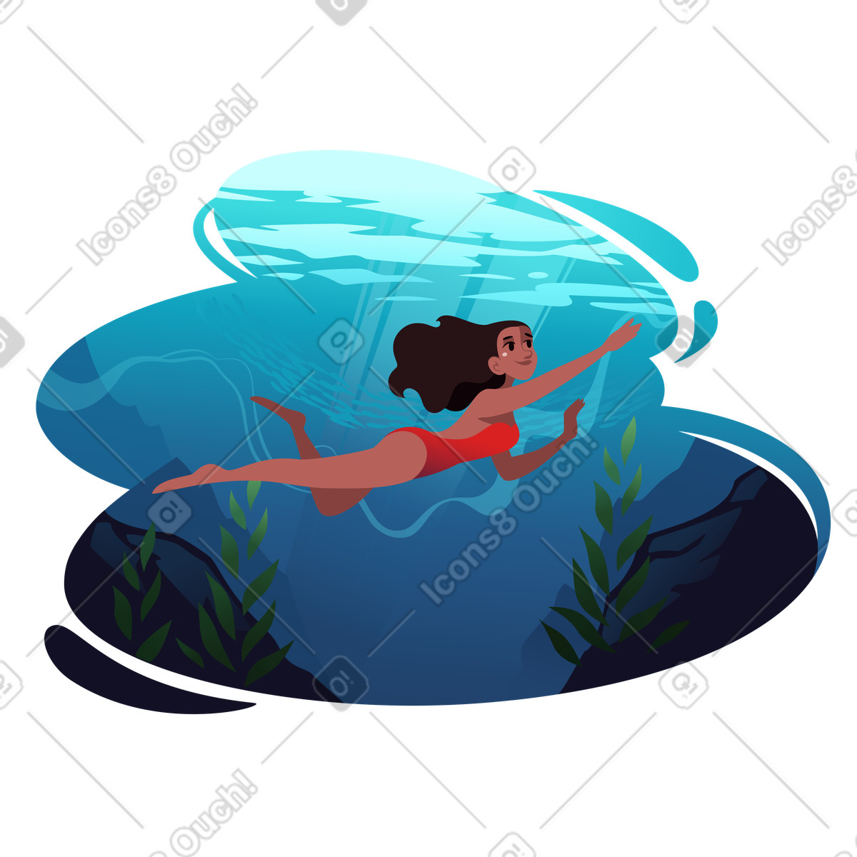 Ilustración La niña está nadando bajo el agua. en estilo Vivid a descargar en PNG y SVG