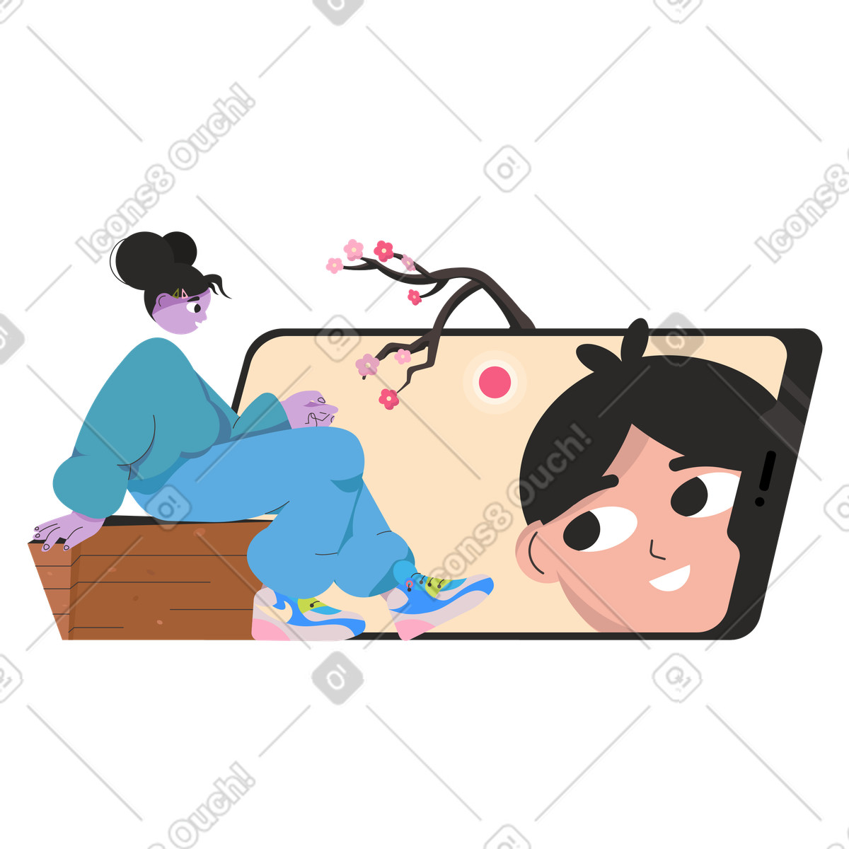 Ilustración Person chatting on video call with tablet, Remote communication and connection en estilo Dizzy a descargar en PNG y SVG