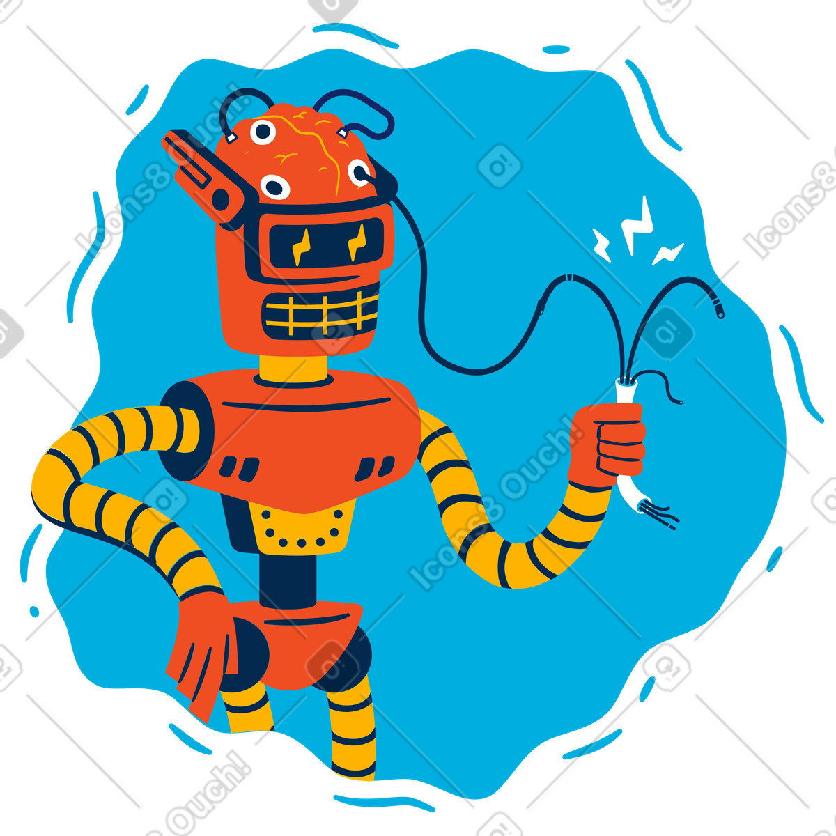 Robot holding broken wire, Artificial intelligence and troubleshooting concept illustration in PNG, SVG
