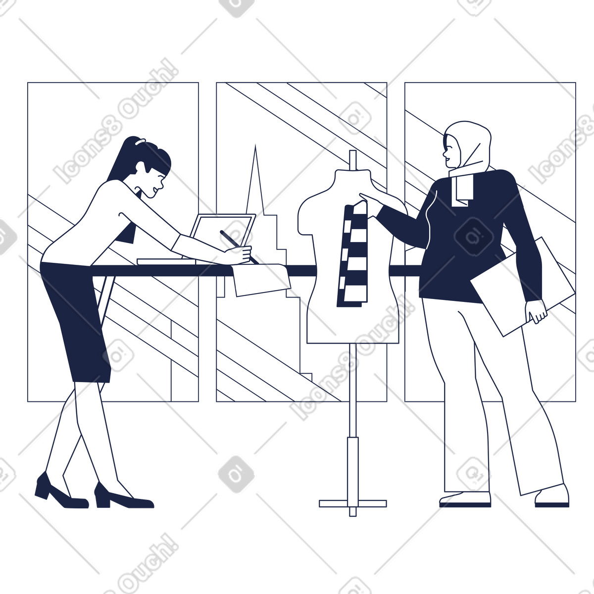 Designers choosing fabrics for a clothing collection, Fashion design workflow illustration in Urban Line style download in PNG, SVG