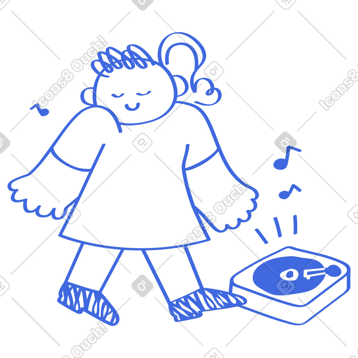 下载 Ballpoint Pen 风格的 Vinyl record spinning beside dancing figure expressing joyful music 插画，支持 PNG、SVG 格式