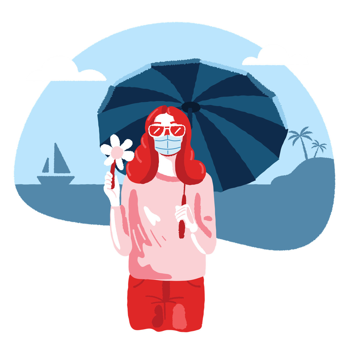 Illustration Girl on the beach with umbrella. Wearing medical mask. dans le style Cherry à télécharger aux formats PNG, SVG