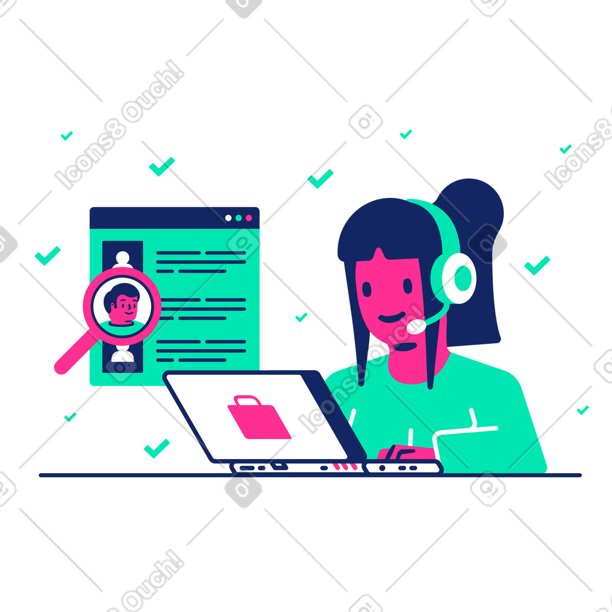 Illustration Woman recruiter searching online a new employee dans le style Cyborg à télécharger aux formats PNG, SVG