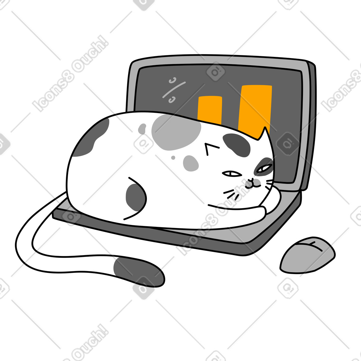 Cat resting on laptop with bar chart screen illustration in Purr style download in PNG, SVG