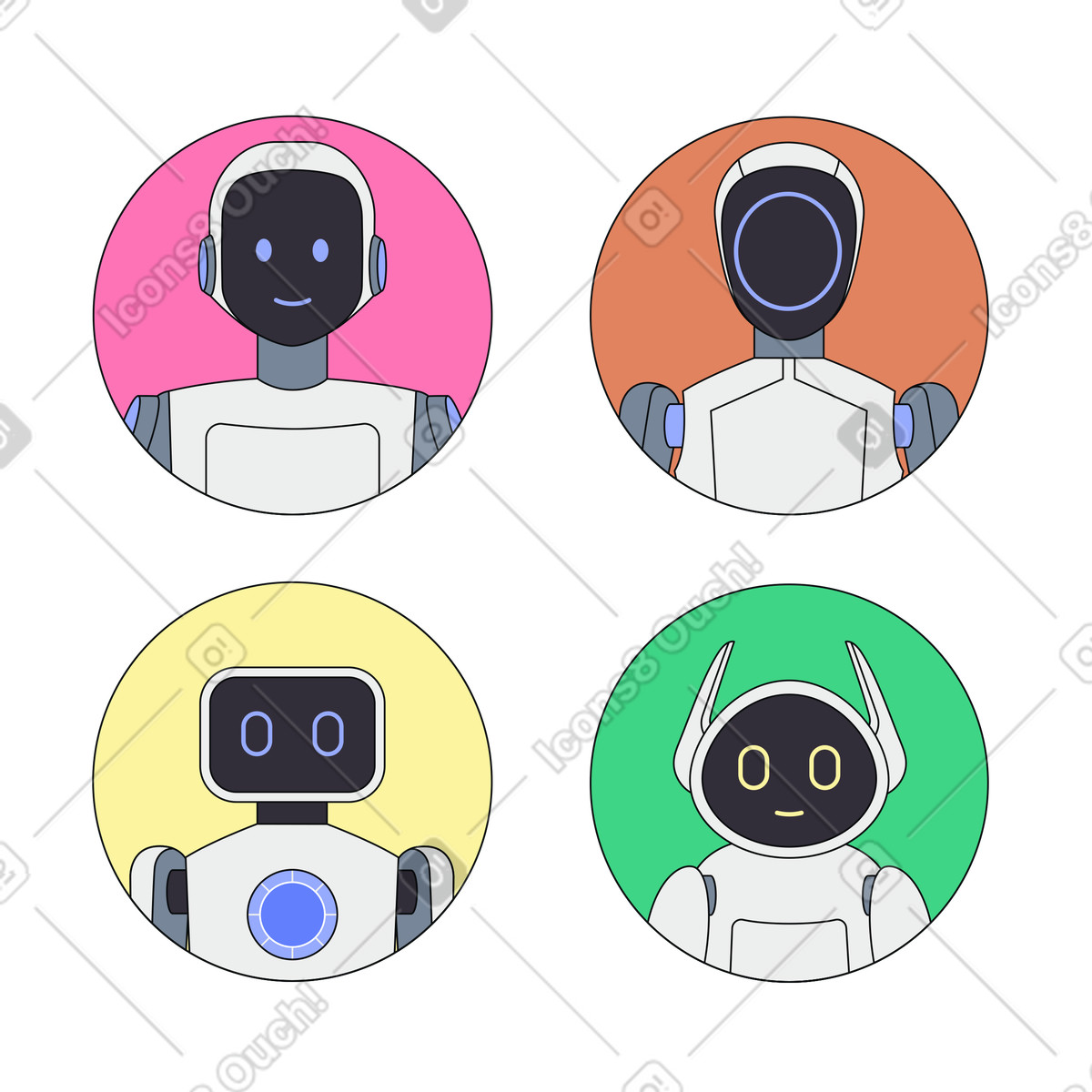 AI chatbot avatars, Digital assistant icons illustration in Teko style download in PNG, SVG