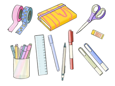 Various stationery items including pens, scissors, and tape - Dots style illustration