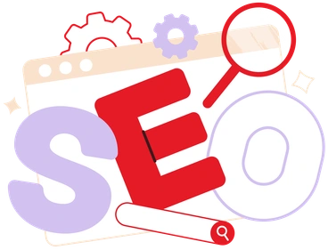 The letters SEO with search and gear icons - Folks style illustration