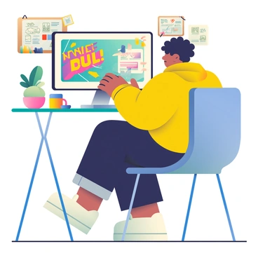 A graphic designer with light brown skin and curly black hair is seated at a modern workspace, focused on their computer screen. They are wearing a bright yellow hoodie and black jeans. The computer screen displays a vibrant advertisement design featuring bold colors and playful typography. Around the designer, there are sketches pinned to a corkboard and various art supplies scattered on the desk. A large potted plant adds a touch of greenery to the workspace, and a colorful coffee mug sits beside the laptop. The designer's expression shows concentration as they are adjusting elements on the screen.
