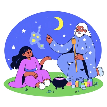 An apprentice witch with long, flowing dark hair is sitting cross-legged on a grassy field. She is wearing a deep purple robe adorned with silver stars. In front of her, an elderly mentor with a long beard and a wooden staff is demonstrating a spell with glowing symbols in the air. The background features a vibrant starlit sky filled with twinkling stars and a bright crescent moon. Nearby, there is a small cauldron with colorful potions and herbs scattered around, adding to the magical atmosphere.