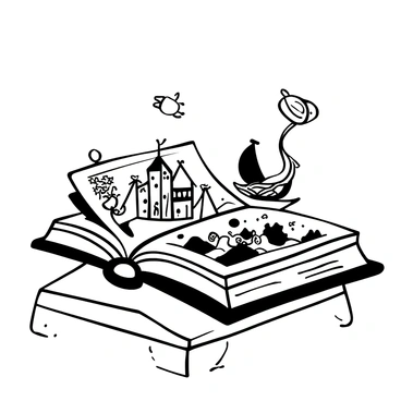 An open storybook lies on a wooden table, with its pages appearing to turn on their own. Each page displays detailed scenes from classic tales, including a castle with a distant dragon and an enchanted forest filled with whimsical creatures. Various elements from these stories, such as a glass slipper, a beanstalk reaching towards the sky, and a ship sailing on a wave, rise from the pages as if they are coming to life. The book itself is ornate, with intricate designs on its cover and the edges of the pages.