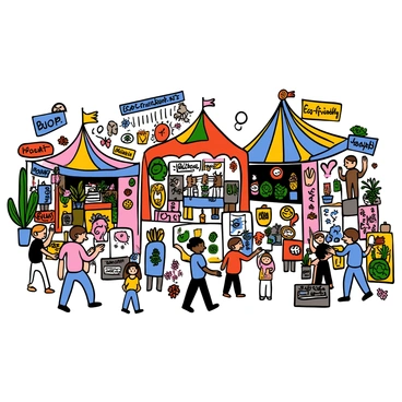 A bustling fair setting with colorful tents and booths showcasing eco-friendly art materials. Each booth is uniquely decorated with natural elements like plants and recycled materials. Some vendors are demonstrating how to make art from sustainable items, such as recycled paper and biodegradable paint. There are various displays of vibrant art created from these materials, attracting visitors of all ages. People are walking around, engaging with the booths, and admiring the creative artwork. The atmosphere is lively, with signs that read "Eco-Friendly Art" and "Sustainable Creations" visible throughout the fair.