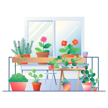 A small balcony is adorned with various potted plants and herbs. The pots vary in size and color, with vibrant green leaves and colorful blooming flowers. There are rosemary and basil plants in terracotta pots, and a bright red geranium adds a pop of color. A wooden railing is partially covered with a climbing vine, enhancing the natural atmosphere. A small wooden table sits in the corner, decorated with a few additional small pots. The sunlight casts soft shadows, creating a warm and inviting space.