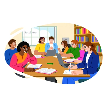 A diverse group of students is gathered around a large wooden table in a bright library. They are focused on their books and notes, with a variety of textbooks open in front of them. One student, a girl with curly black hair, is explaining something to a boy with glasses, while another girl with straight brown hair is typing on a laptop. The table is cluttered with stationery items like pens, notebooks, and highlighters. Bookshelves filled with colorful books can be seen in the background. A large window lets in plenty of natural light, creating a warm and inviting atmosphere. "Baccalauréat" is written prominently on a poster on the wall nearby.