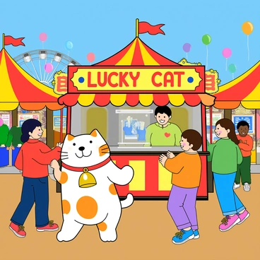 A vibrant carnival scene filled with colorful tents and balloons. In the center, there is a game stall adorned with bright decorations and cheerful signage. Behind the counter, a friendly vendor is showcasing a large, plush "lucky cat" with a shiny golden bell around its neck. The lucky cat is white with orange patches and has an inviting smile. Surrounding the stall, excited children with bright clothing are playing games and laughing, trying to win the prize. Bright lights from the carnival rides twinkle in the background, adding to the festive atmosphere.