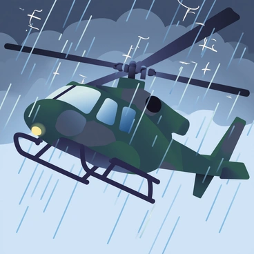 An NH90 helicopter is flying through heavy rain, with droplets visibly cascading off its rotor blades. The helicopter has a dark green and gray camouflage paint scheme, blending slightly into the ominous sky. Thick, dark clouds loom overhead, creating a dramatic backdrop as flashes of lightning illuminate the scene in bursts. The rain falls in heavy sheets, partially obscuring the helicopter and creating a misty effect around it. The helicopter's cockpit lights glow faintly in the darkness, providing a contrast to the stormy environment.