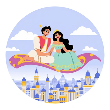Aladdin and Jasmine are sitting together on a vibrant, colorful magic carpet that glides through the sky. The carpet features intricate patterns of purple, gold, and blue. Below them, a bustling cityscape is visible, filled with tall, ornate buildings with domed roofs and winding streets. The sky is a bright blue with fluffy white clouds scattered across it. Aladdin is wearing a traditional outfit with a red vest and white pants, while Jasmine is dressed in her signature teal gown adorned with gold accents. Both characters wear joyful expressions as they enjoy their magical flight above the city.