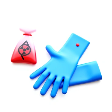 A pair of blue latex gloves lying on a white surface. The gloves are partially crumpled, indicating recent use. Nearby, there is a small red biohazard bag, designed for the safe disposal of medical waste, slightly open to receive the gloves. A small drop of blood is visible on the glove's surface, emphasizing the context of the blood test. Light reflects off the glossy surface of the gloves, creating a crisp and clean appearance.