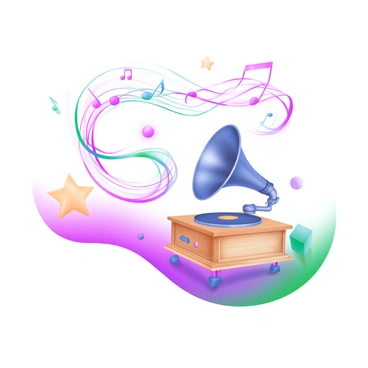 A modern pastel illustration featuring an old gramophone with intricate details. The gramophone has a large, ornate horn and a wooden base. From the horn, various musical notes are depicted as flowing lines, gracefully arching and intertwining in the air. Surrounding the gramophone are soft, swirling pastel colors that enhance the imagery of the flowing notes, creating a sense of movement. Additional elements include small stars and circles that accompany the notes, emphasizing the enchanting visual melody being created.