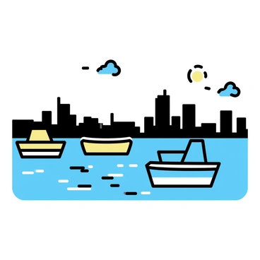 A calm harbor at evening, with a few boats gently bobbing on the water. The boats vary in size, some small with colorful hulls, and others larger, anchored still. The water reflects the city lights, creating ripples of golden and silver hues. The skyline of the city can be seen in the background, with buildings silhouetted against the darkening sky. The atmosphere is tranquil, with a few scattered clouds illuminated by the fading light.