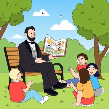 Abraham Lincoln reading a story to a group of children in a park