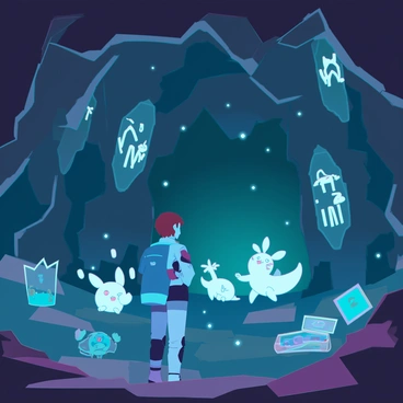 A trainer with short brown hair and a blue jacket is standing at the entrance of a dark, mysterious cave. The cave walls are rough and jagged, adorned with luminescent crystals that emit a soft, blue and green glow. Throughout the cave, various glowing Pokémon can be seen, each with unique shapes and colors, their bodies shimmering in the dim light. Some Pokémon are playfully interacting with each other, while others explore the cavern's nooks and crannies. Scattered throughout the cave are hidden treasures, including sparkling gems and ancient relics, partially buried in the cavern floor. The atmosphere conveys a sense of adventure and discovery, with the trainer looking curiously into the depths of the cave, contemplating the wonders that await.