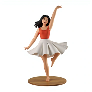 A dancer with flowing long hair and a graceful posture is captured mid-performance in a dynamic pose. She is wearing a vibrant red leotard that accentuates her form, with a flowing white skirt that swirls around her legs. One arm is extended above her head, while the other is outstretched to the side, creating a sense of motion. Her expression is focused and passionate, showcasing her dedication to the art of dance. The floor beneath her is polished wood, reflecting the light and emphasizing the energy of the moment.