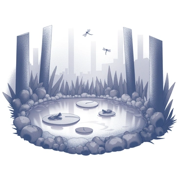 A small pond is nestled within a dense forest, surrounded by tall trees and lush greenery. The surface of the water is dotted with several round lily pads, some of which are gently floating. A few frogs are perched on the pads, their bodies poised for a leap. Nearby, dragonflies dart above the water, their delicate wings shimmering as they flit between the vegetation. The ground around the pond is soft and covered with rich foliage, adding to the tranquil atmosphere of the scene.