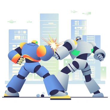 Two large robots are engaged in battle in a futuristic cityscape. The first robot is metallic blue with glowing orange accents, while the second is sleek silver with green lights. Sparks are flying from their clashing metal limbs as they exchange strikes. In the background, towering skyscrapers made of glass and steel reflect the bright colors of the scene. Holographic advertisements flicker on the buildings, and a few flying vehicles can be seen zooming overhead. The ground is littered with debris from their previous encounters, adding to the chaotic atmosphere of the battle.