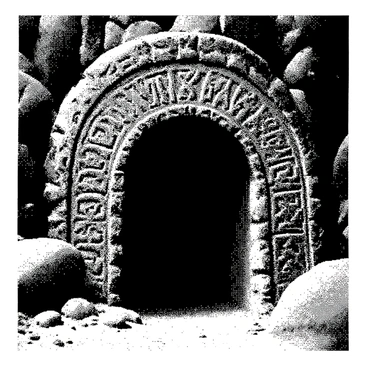 A dark cave entrance is positioned prominently in the foreground, with jagged rocks framing the opening. The surrounding area is rugged and uneven, creating an ominous atmosphere. Strange symbols are carved into the stone around the entrance, featuring intricate patterns and shapes that suggest an ancient civilization. The symbols are deeply etched, with detailed lines and curves that draw attention to the craftsmanship. Shadows loom around the cave, enhancing the sense of mystery and intrigue.