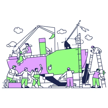 A bustling shipyard is filled with activity as workers are constructing a new wooden vessel. In the foreground, a group of men is focused on assembling large wooden planks, using tools such as hammers and saws. Nearby, a tall scaffold supports the partially built ship, allowing workers to reach higher areas. In the background, several other workers are transporting supplies, including coils of rope and barrels. A crane is lifting a large piece of timber, while seagulls can be seen flying overhead. The atmosphere is lively, with the sounds of work and the scent of fresh wood filling the air.
