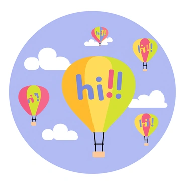A bright blue sky filled with colorful hot air balloons of various shapes and sizes. Each balloon has a unique pattern, featuring vibrant colors like red, yellow, and green. The balloons are adorned with cheerful text, with the word "Hi!" printed prominently in bold, playful letters on each one. Some balloons are higher in the sky, while others are closer to the ground, creating a sense of depth and movement in the scene. Fluffy white clouds drift lazily in the background, adding to the lively atmosphere.