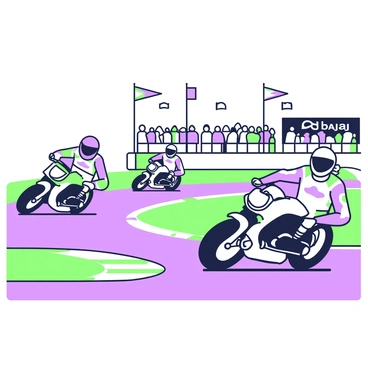 A dynamic scene of a thrilling race featuring multiple Bajaj motorbikes on a racetrack. In the foreground, two motorbikes are closely competing, with one motorcycle leaning into a sharp turn, while the other accelerates alongside. The riders wear protective gear, including helmets and racing suits, showcasing vibrant designs. In the background, a grandstand filled with spectators can be seen, with flags waving in support of the racers. The racetrack is marked with distinct lane divisions and checkered patterns, emphasizing the competitive spirit of the event. The sky above is clear, adding to the excitement of the race.