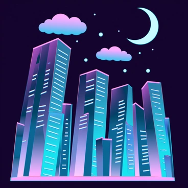 A city skyline at night, featuring tall skyscrapers with geometric, low-poly designs. The buildings are constructed from a variety of shapes, with sharp angles and flat surfaces. The skyline is illuminated with a spectrum of colors including blues, purples, and greens, creating a vibrant glow against the dark night sky. Dotted lights represent windows, and there are geometric clouds drifting above the city. A crescent moon hangs in the sky, partially hidden among the low-poly clouds.