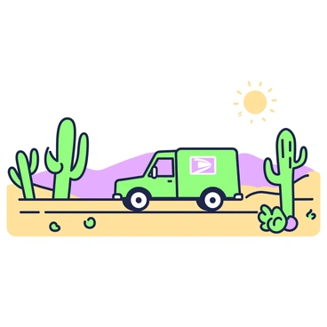 A mail truck is driving through a dry, sandy desert landscape. The truck has a bright design and is seen moving along a narrow dirt road. On either side of the road, several cacti are scattered across the sandy ground, with some tall saguaro cacti reaching towards the clear sky. The sun casts long shadows on the ground, creating a contrast between the sandy terrain and the green vegetation. In the background, low rolling hills provide depth to the scene. The atmosphere is clear, showcasing the vastness of the desert.