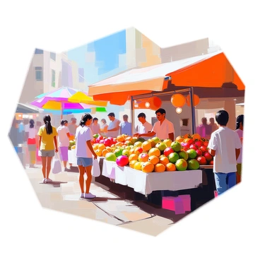 A bustling food market scene filled with vibrant stalls showcasing a variety of exotic fruits. The stalls are covered with colorful awnings, displaying an array of fruits such as bright yellow mangoes, deep red dragon fruit, and green starfruit. People are interacting and browsing the stalls, some carrying bags filled with fresh produce. The ground is paved with cobblestones, and the atmosphere is lively with vendors calling out to attract customers. The sky above is clear, adding to the bright and vivid colors of the market.