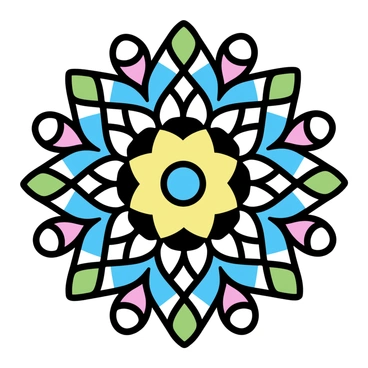 A mandala pattern featuring intricate geometric shapes and lines. The design is composed of multiple, symmetrical layers that radiate outward from the center. Each section is filled with bold, vibrant colors such as red, blue, yellow, and green, creating a striking contrast. The shapes include circles, triangles, and squares, all arranged harmoniously to form a detailed and captivating visual composition.