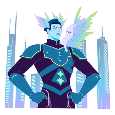 A small, magical creature with iridescent, vibrant feathers in shades of blue, green, and gold is perched on the shoulder of a heroic figure. The hero has a strong, determined expression, wearing a sleek, futuristic armor adorned with glowing patterns. The creature's eyes sparkle with intelligence, and its wings are slightly spread, showcasing the intricate feather details. The hero stands in a dynamic pose against a backdrop of a futuristic city skyline, with sleek skyscrapers and vibrant lights illuminating the scene. The relationship between the hero and the magical creature suggests a bond of companionship and adventure, with the creature looking alert and ready for action.