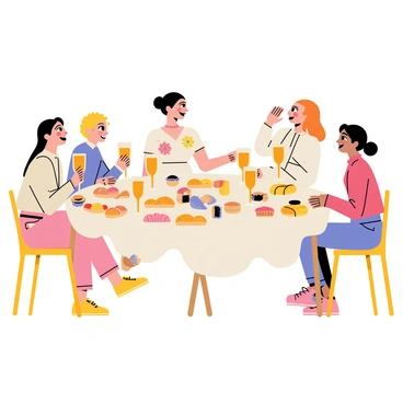 A stylish brunch setting with the bride and her friends seated around a table adorned with pastries and mimosas