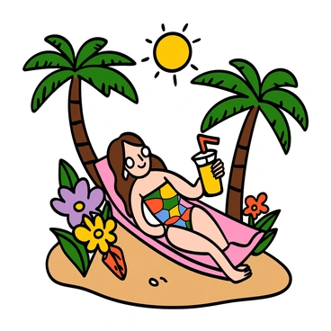 A gesugao ship girl with long, wavy hair and large, expressive eyes is relaxing on a tropical island. She is wearing a colorful swimsuit adorned with floral patterns. The sun shines brightly overhead, casting a warm glow on her skin. Surrounding her are tall palm trees swaying gently in the breeze, their fronds creating dappled shadows on the soft sand. Vibrant flowers in various colors bloom nearby, enhancing the tropical atmosphere. The girl holds a refreshing drink adorned with a tiny umbrella in one hand, while she smiles contentedly, enjoying the serene environment.