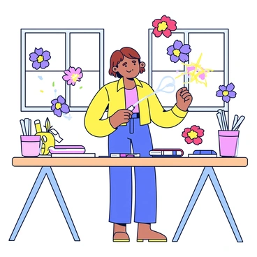 An expert illustrator with short brown hair is standing in a bright, open studio. She is holding a magical pen that glows softly. Colorful illustrations are swirling in the air around her, depicting flowers in various shades of red, blue, and yellow. The studio has large windows letting in natural light, and there are sketchbooks and art supplies scattered on a wooden table nearby.